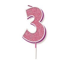 Oaktree Candle 7.5cm Glitter Number 3 Pink