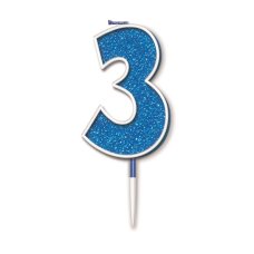 Oaktree Candle 7.5cm Glitter Number 3 Blue