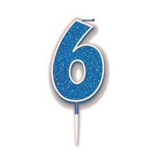 Oaktree Candle 7.5cm Glitter Number 6 Blue