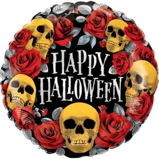 18 inch foil Qualatex Round Halloween Golden Skulls