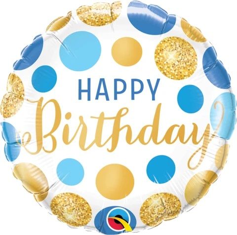 18 inch foil Qualatex Bday Blue & Gold Dots