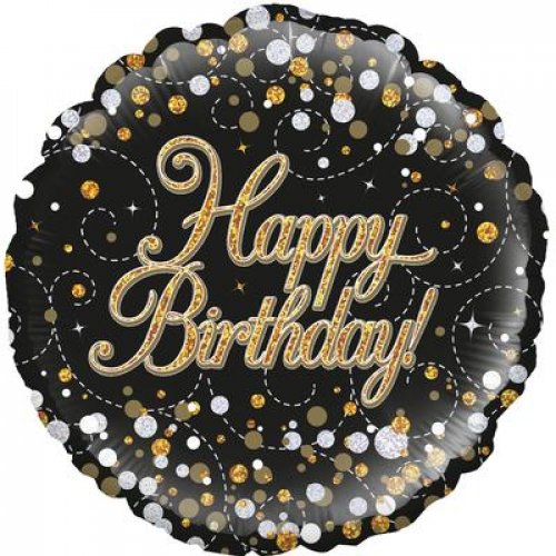 18 inch foil Sparkling Fizz Black & Gold Happy Birthday Oaktree