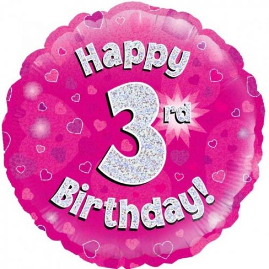 18 inch Foil Oaktree Happy 3rd Birthday Pink Holographic