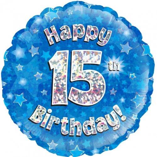 18 inch Foil Blue Holographic Happy 15th Birthday Oaktree