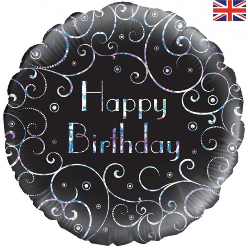 18 inch foil Happy Birthday Black Silver Swirls Oaktree