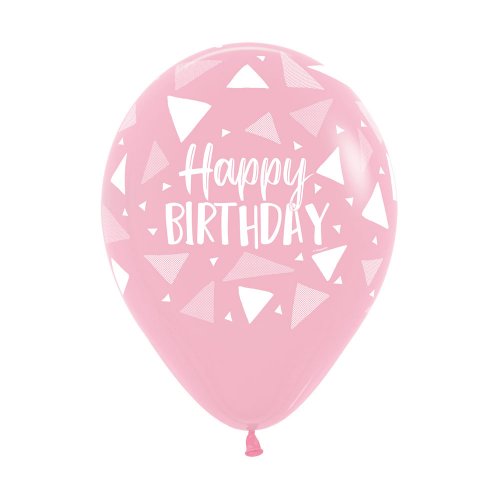 Latex balloon Happy Birthday Triangles Light Pink 30cm inflated with helium