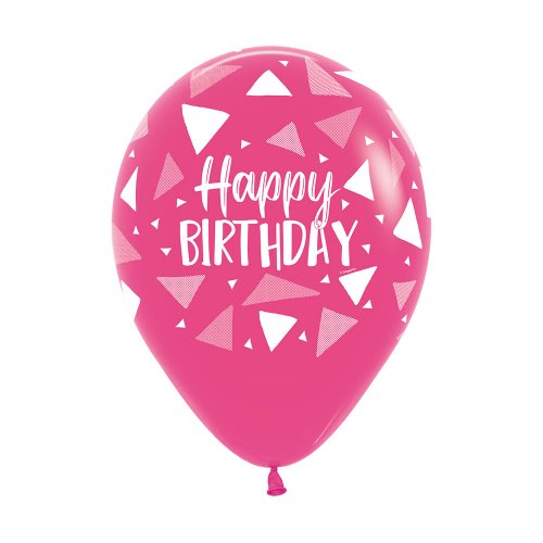 Latex balloon Happy Birthday Triangles Hot Pink 30cm inflated with helium