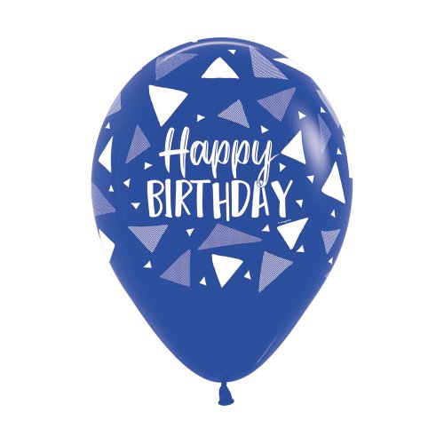 Latex balloon Happy Birthday Triangles dark blue 30cm inflated with helium