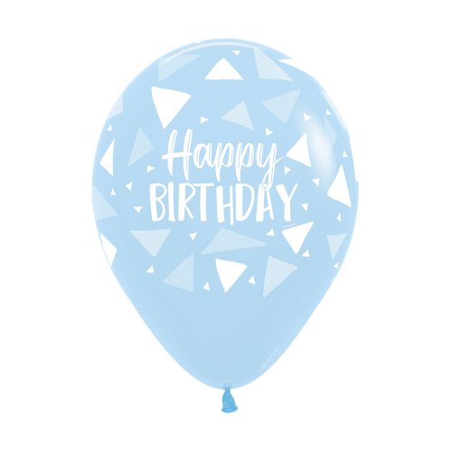 Latex balloon Happy Birthday Triangles light blue 30cm inflated with helium