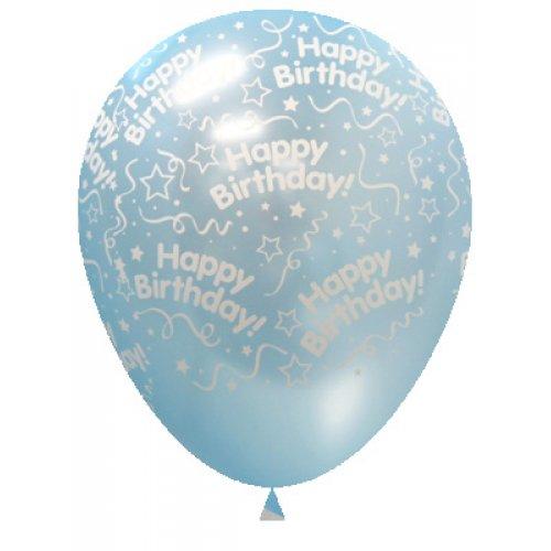 Latex balloon Happy Birthday Metallic light Blue Sempertex 30cm inflated with helium