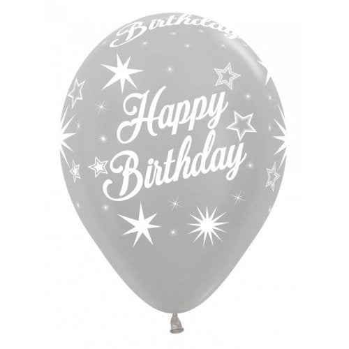 Latex balloon Happy Birthday Sparkles Metallic Silver 30cm inflated with helium