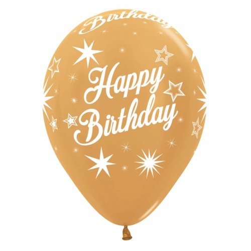 Latex balloon Happy Birthday Sparkles Metallic Gold 30cm inflated with helium