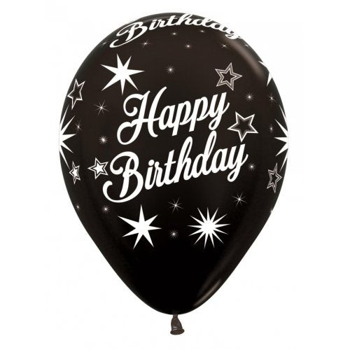 Latex balloon Happy Birthday Sparkles Metallic Black 30cm inflated with helium