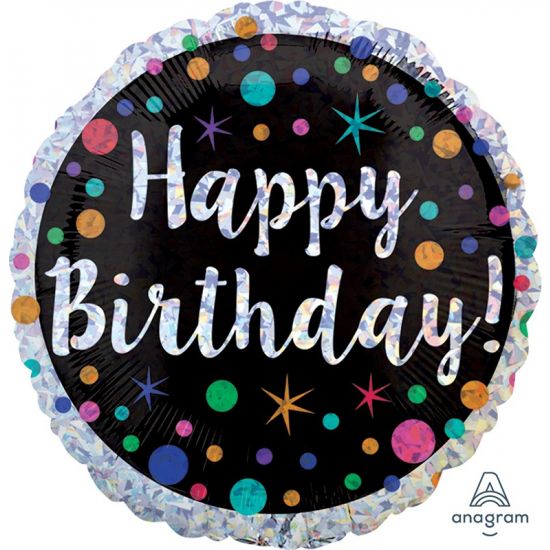 18 inch foil Anagram Happy Birthday Holographic Polka Dot