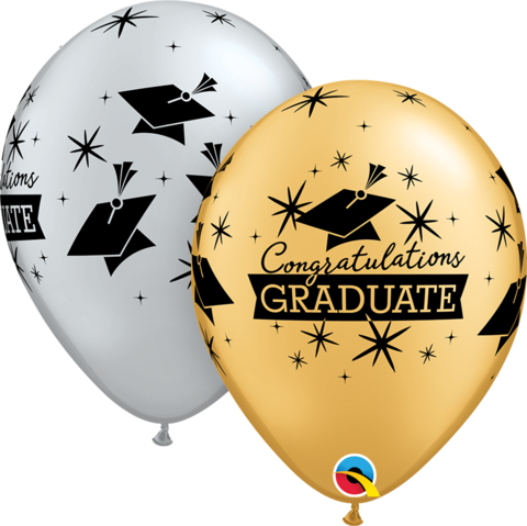 Printed Latex Balloon 28cm Congratulations Graduate Caps - Silver