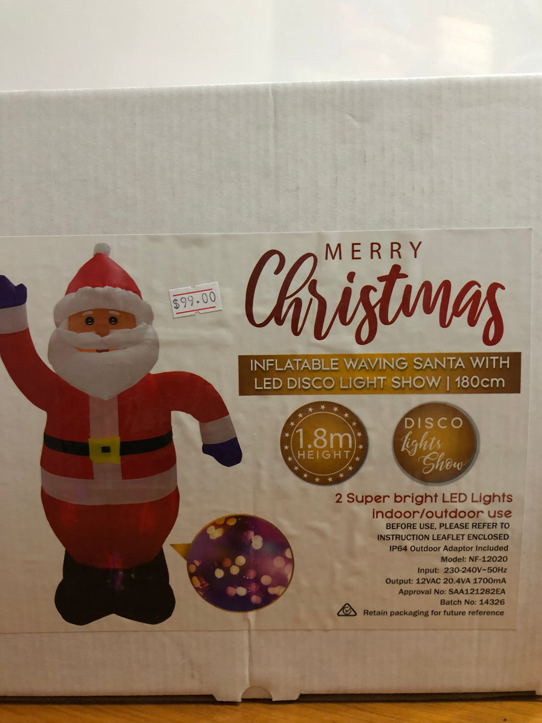 Christmas light up inflatable Waving Santa with LED Disco light Show 180cm